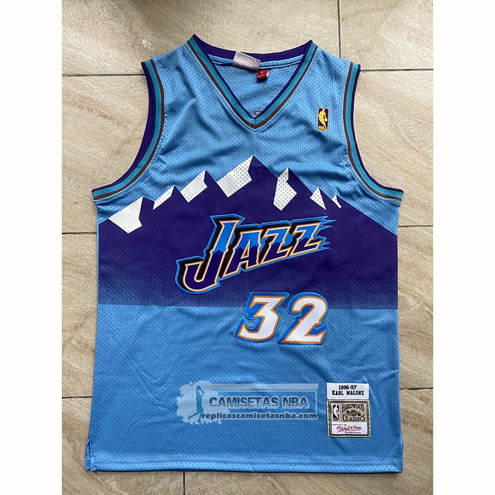 Camiseta Utah Jazz Karl Malone NO 32 Mitchell & Ness 1996-97 Azul